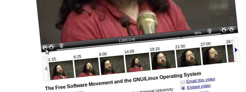 Снимка на екрана от video.google.com: Ричард Столман - Движението за свободен софтуер и операционната система GNU/Linux